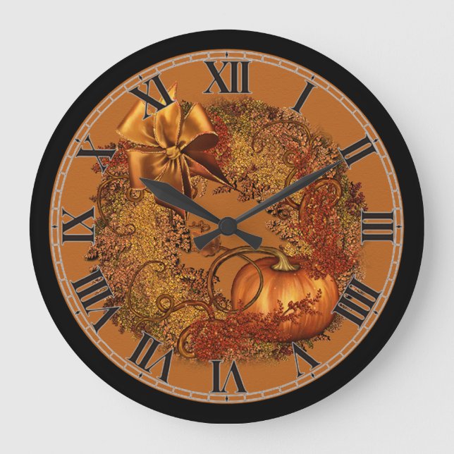 Decorative Autumn Pumpkin Wreath Round Wall Clock (Front)