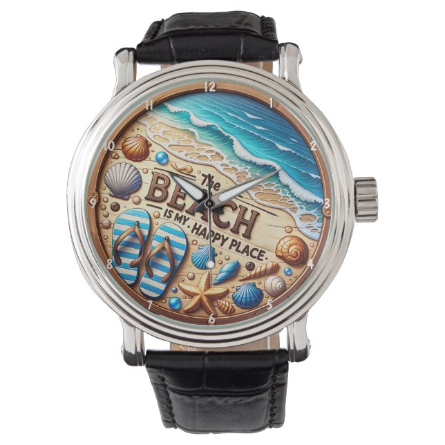 Decorative Beach-Themed Seashells and Sand Design Watch (Front)