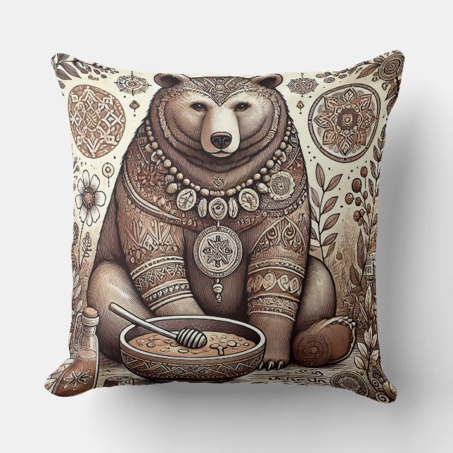 Decorative Bear Illustration Throw Pillow (Front)