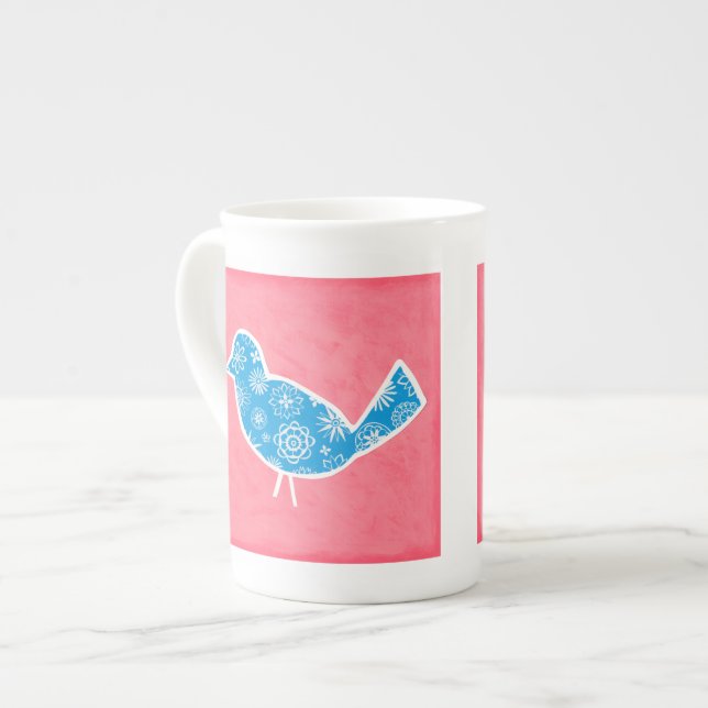 Decorative Bird with Patterns on Pink Background Bone China Mug (Front Left)