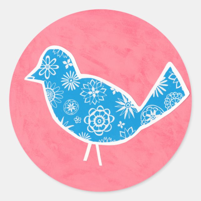 Decorative Bird with Patterns on Pink Background Classic Round Sticker (Front)