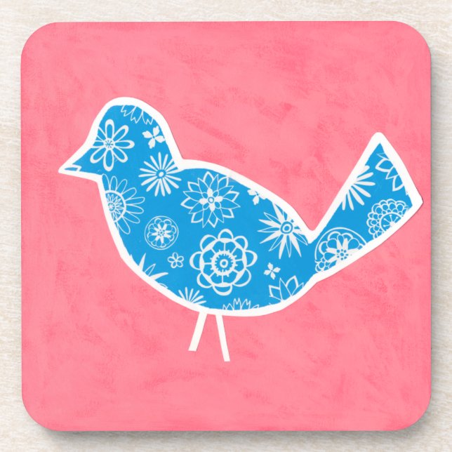Decorative Bird with Patterns on Pink Background Coaster (Front)
