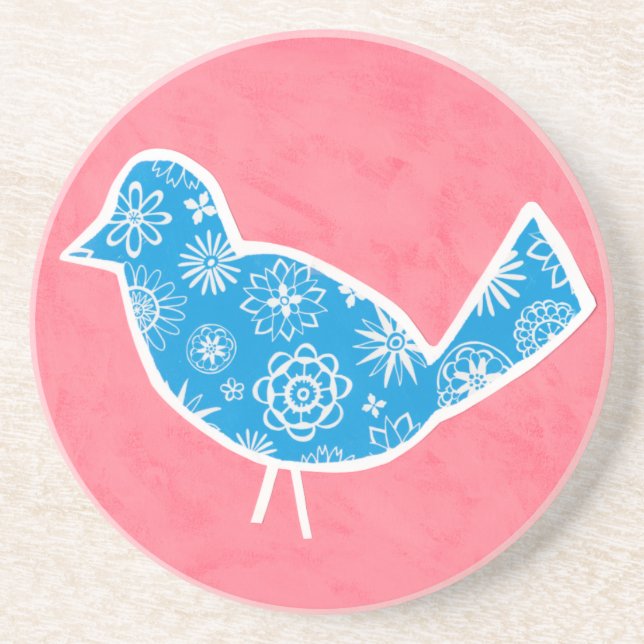 Decorative Bird with Patterns on Pink Background Coaster (Front)