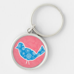 Decorative Bird with Patterns on Pink Background Keychain