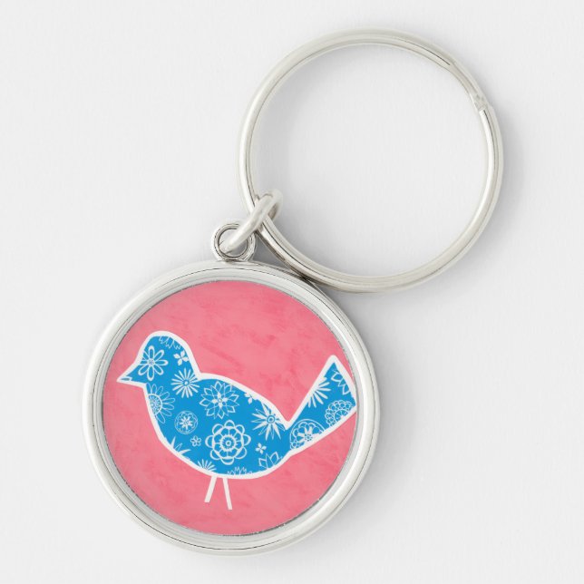 Decorative Bird with Patterns on Pink Background Keychain (Front)