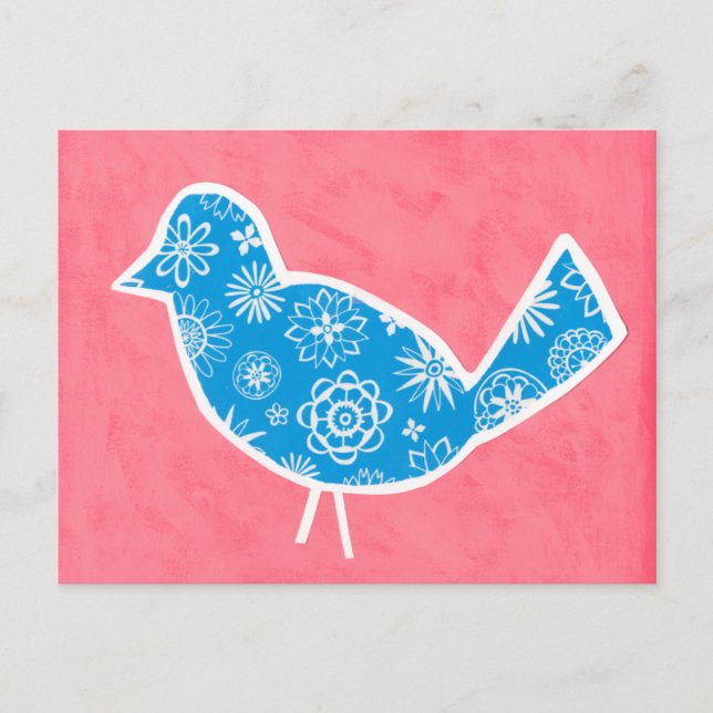 Decorative Bird with Patterns on Pink Background Postcard (Front)