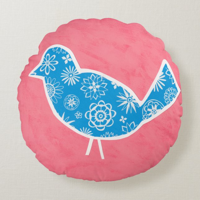 Decorative Bird with Patterns on Pink Background Round Pillow (Front)
