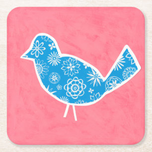 Decorative Bird with Patterns on Pink Background Square Paper Coaster