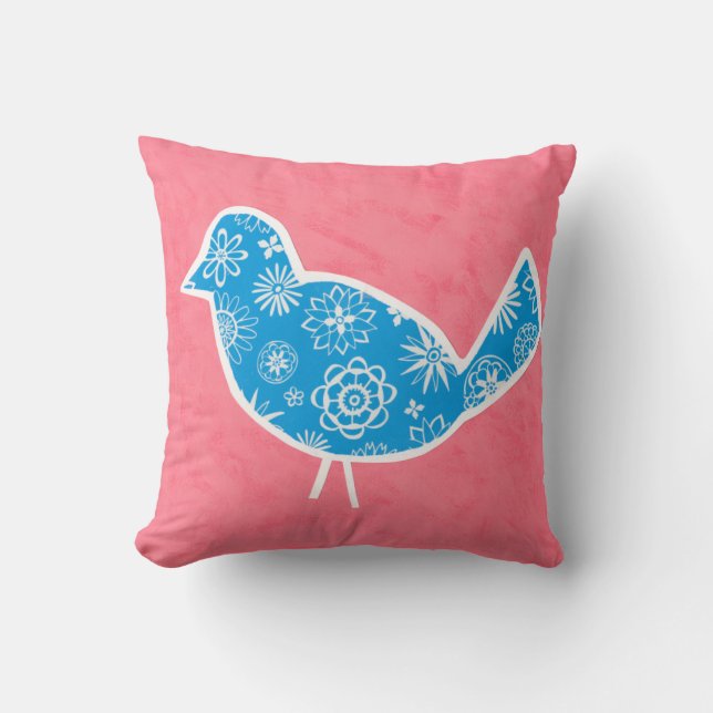 Decorative Bird with Patterns on Pink Background Throw Pillow (Front)