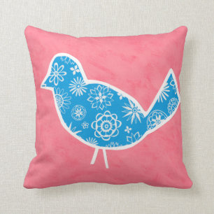 Decorative Bird with Patterns on Pink Background Throw Pillow