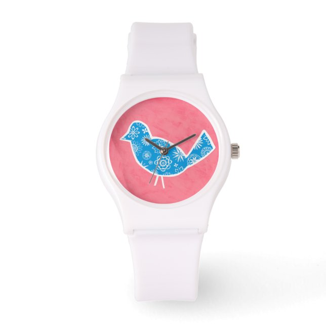 Decorative Bird with Patterns on Pink Background Watch (Front)