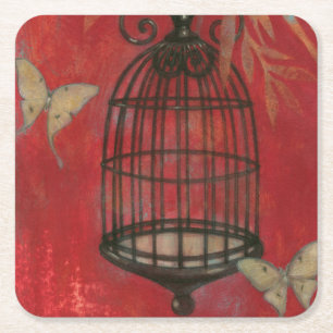 Decorative Birdcage with Butterflies Square Paper Coaster