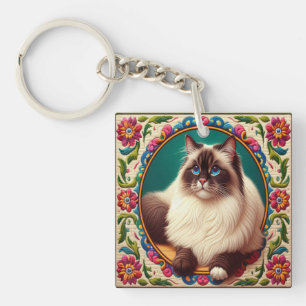 Decorative Birman Cat Colourful Flowers Border Keychain