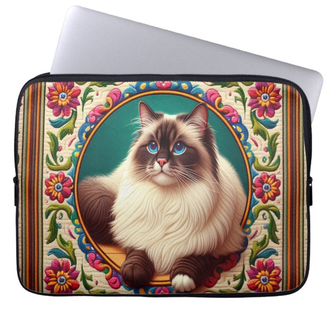 Decorative Birman Cat Colourful Flowers Border Laptop Sleeve (Front)