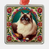 Decorative Birman Cat Colourful Flowers Border