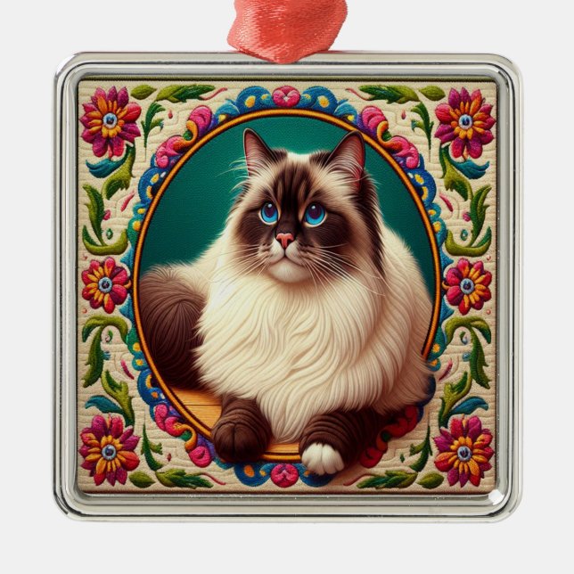 Decorative Birman Cat Colourful Flowers Border Metal Ornament (Front)