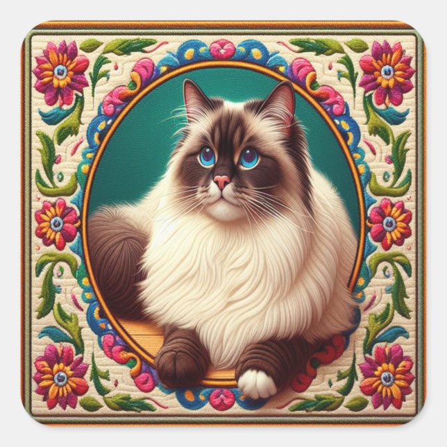 Decorative Birman Cat Colourful Flowers Border Square Sticker (Front)