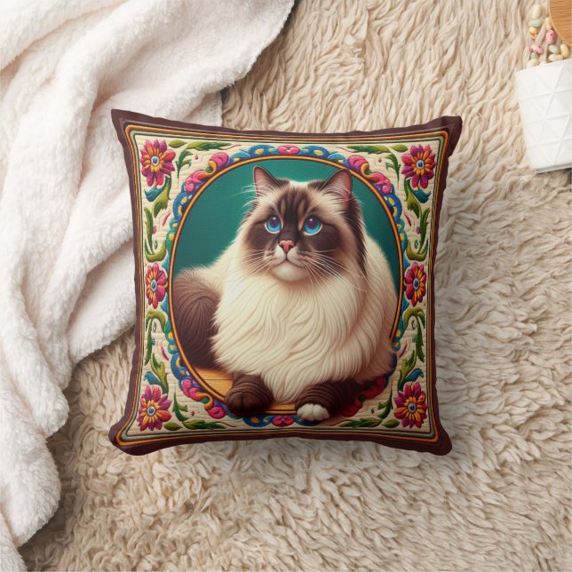 Decorative Birman Cat Colourful Flowers Border Throw Pillow (Blanket)