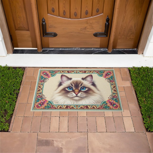 Decorative Birman Cat Colourful Framed Border Doormat (Outdoor)