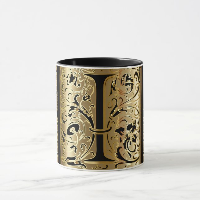Decorative Black and Gold Letter I Coffee Mug (Center)
