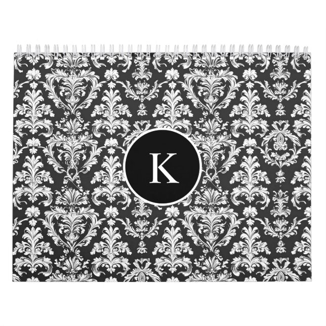 Decorative Black and White Damask Pattern Calendar (Cover)