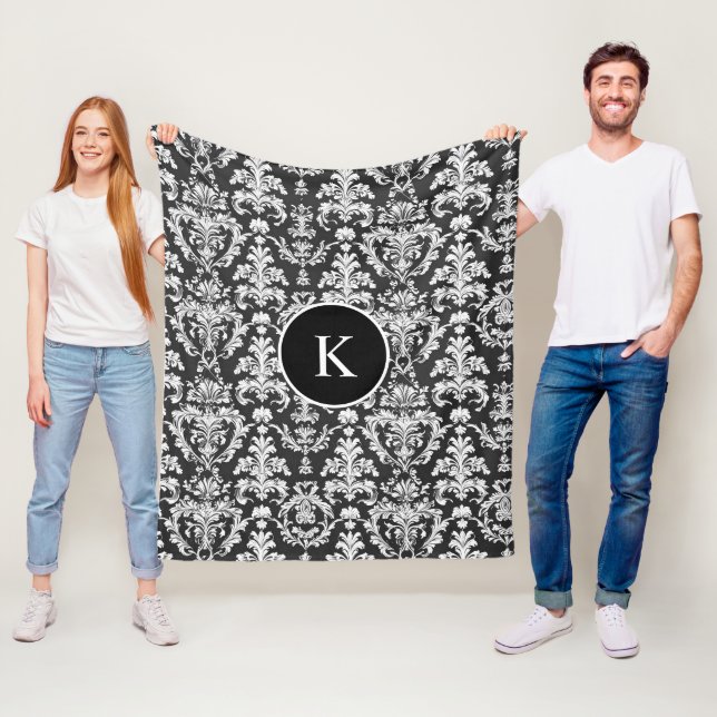 Decorative Black and White Damask Pattern Fleece Blanket (In Situ)