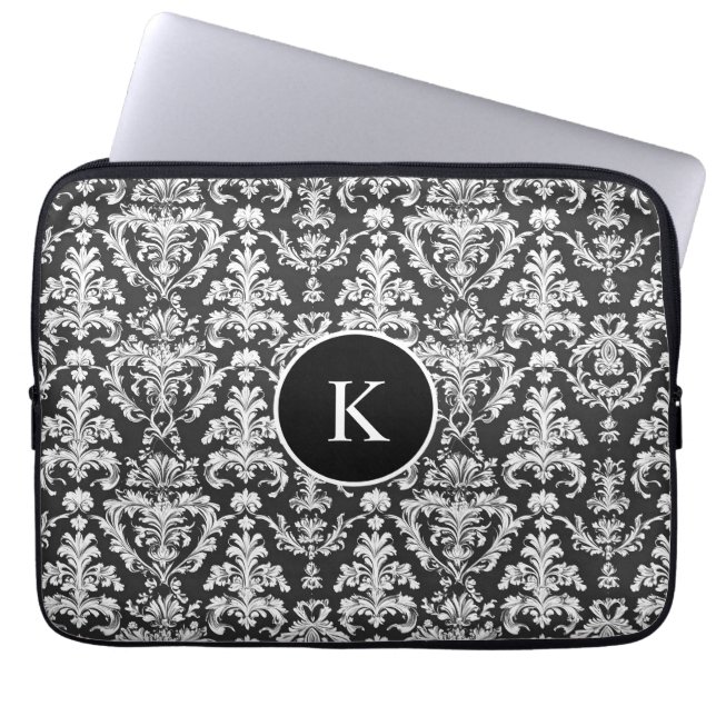 Decorative Black and White Damask Pattern Laptop Sleeve (Front)