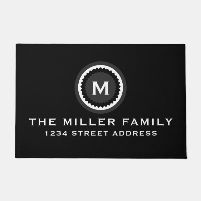 Decorative Black & White Monogram Family & Address Doormat (Front)