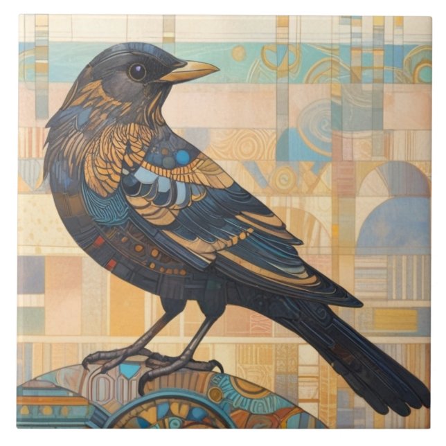 Decorative Blackbird Bird Art Earth Tone Orange Tile (Front)