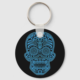 Decorative Blue and Black Sugar Skull Keychain