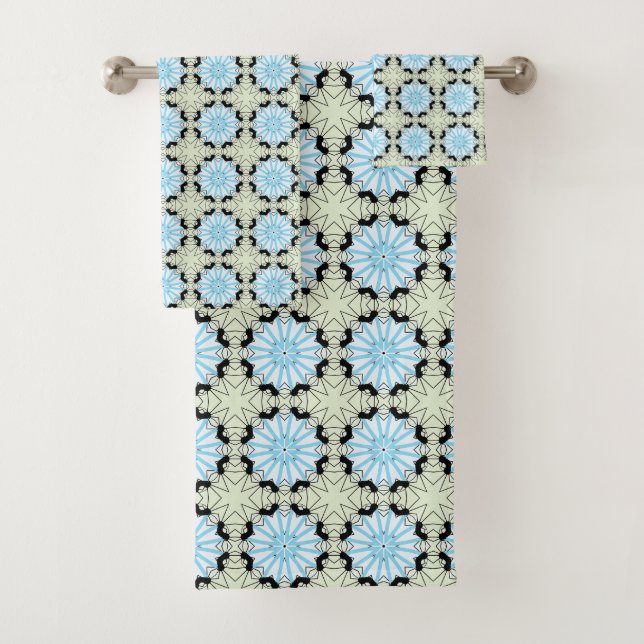 Decorative blue and cream floral patterned  bath towel set (Insitu)