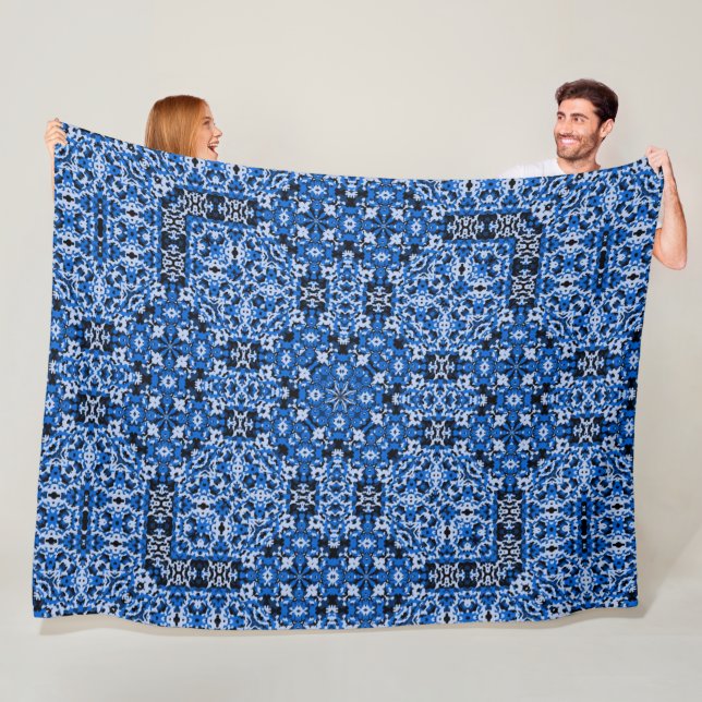 Decorative Blue Denim Satin Mandala Quilt Pattern Fleece Blanket (In Situ)