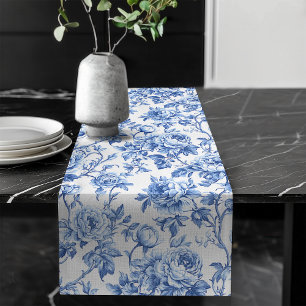 Decorative Blue French Toile Roses Floral Decor Long Table Runner