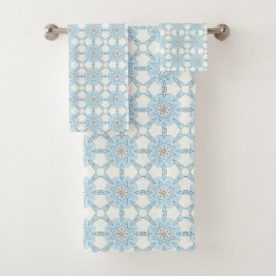 Decorative blue geometric floral patterned bath towel set