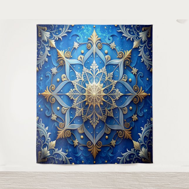 Decorative Blue Gold Holiday Backdrop Tapestry (Front)