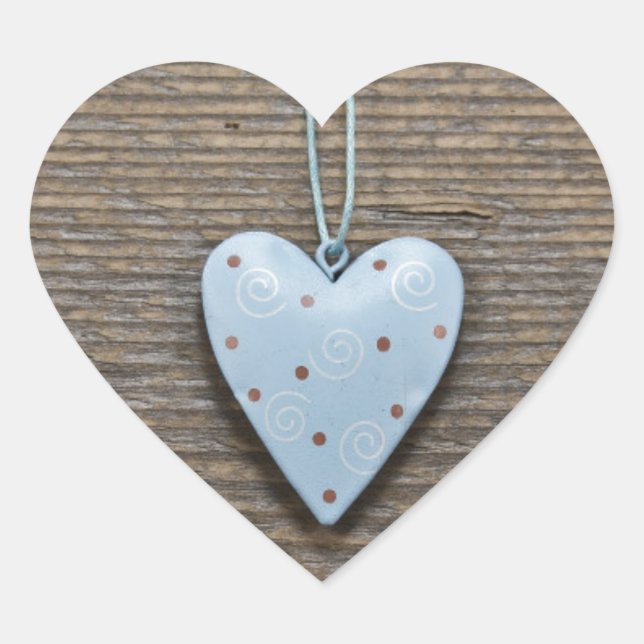 Decorative Blue Hanging Heart Rustic Wood Heart Sticker (Front)