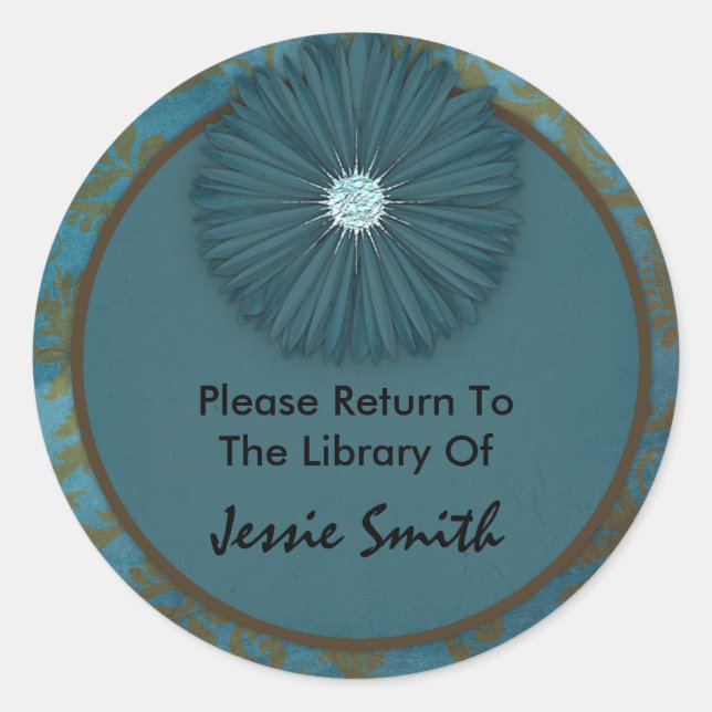 Decorative Blue Swirl Flower Name Bookplate Classic Round Sticker (Front)