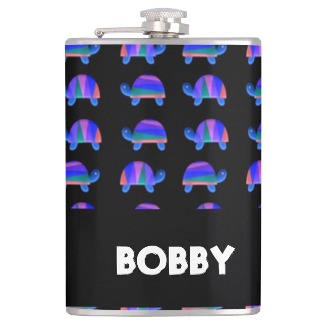 Decorative blue turtles hip flask (Front)