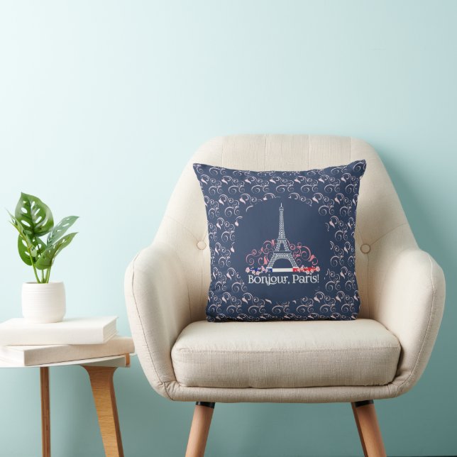 Decorative Bonjour Paris and Floral Pattern Throw Pillow (Chair)