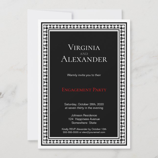 Decorative Border Black and White Engagement Party Invitation (Front)