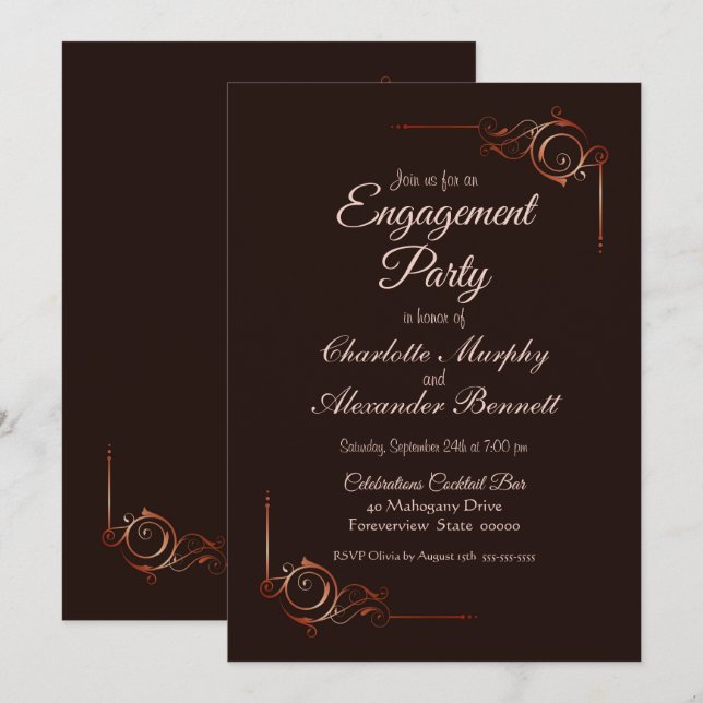 Decorative Border Chocolate Brown Engagement Party Invitation (Front/Back)