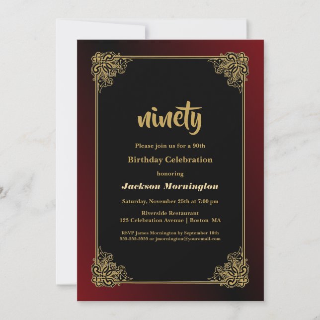 Decorative Border Red Black 90th Birthday Party Invitation (Front)