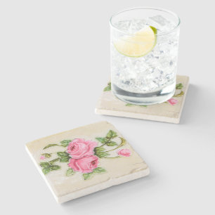 Decorative Bouquet Pink Roses Green Petals Stone Coaster