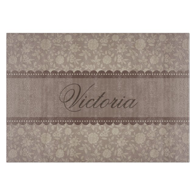 Decorative Brown Floral Pattern Custom Text Cutting Board (Front)