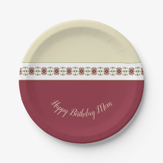 Decorative Burgundy Floral Paper Plate (Front)