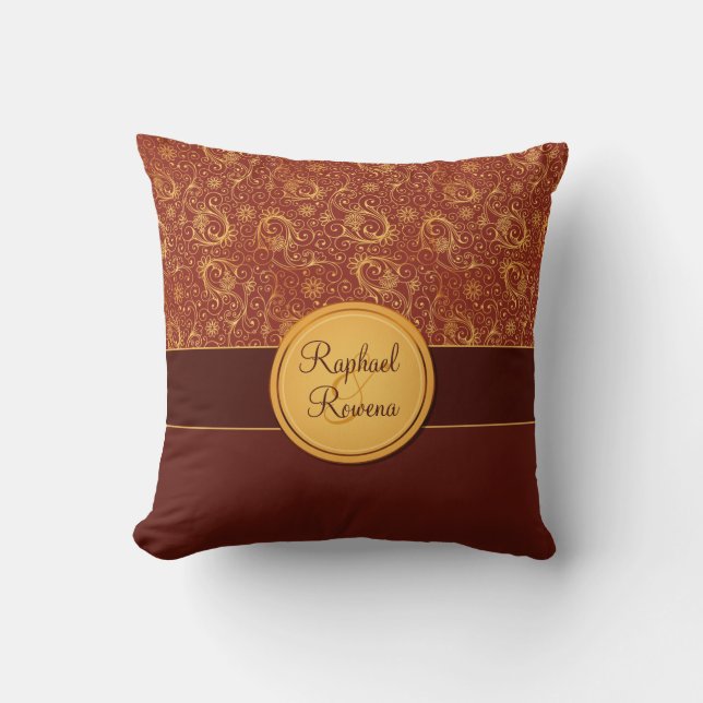 Decorative Burgundy & Gold Monogram Throw Pillow (Front)
