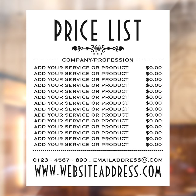 Decorative Business Price List and Information Window Cling (Sheet 2)