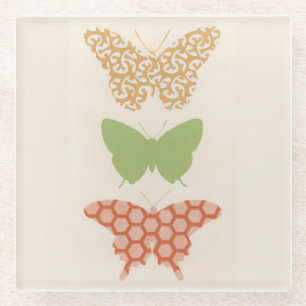 Decorative Butterfly Patterns on Cream Background Glass Coaster
