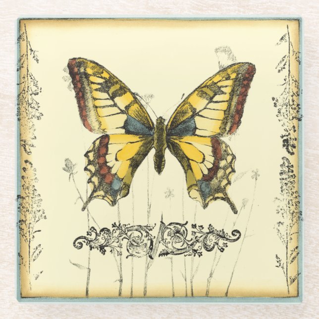 Decorative Butterfly with Wildflowers Glass Coaster (Front)