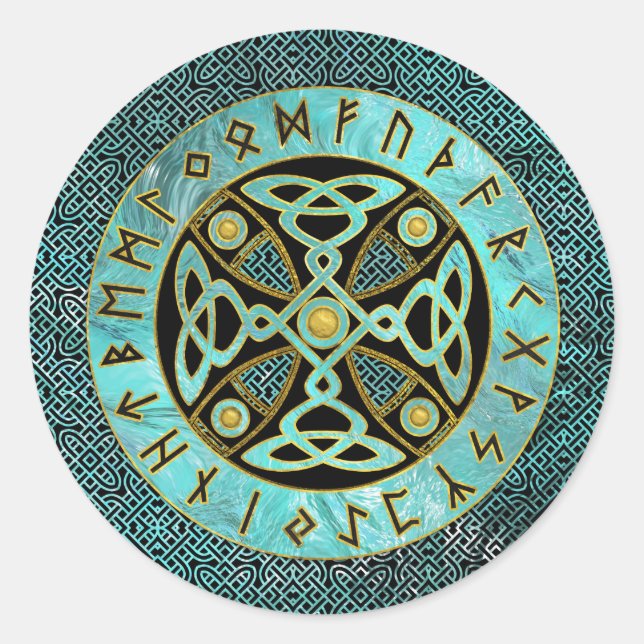 Decorative Celtic Cross  - and Runes alphabet Classic Round Sticker (Front)